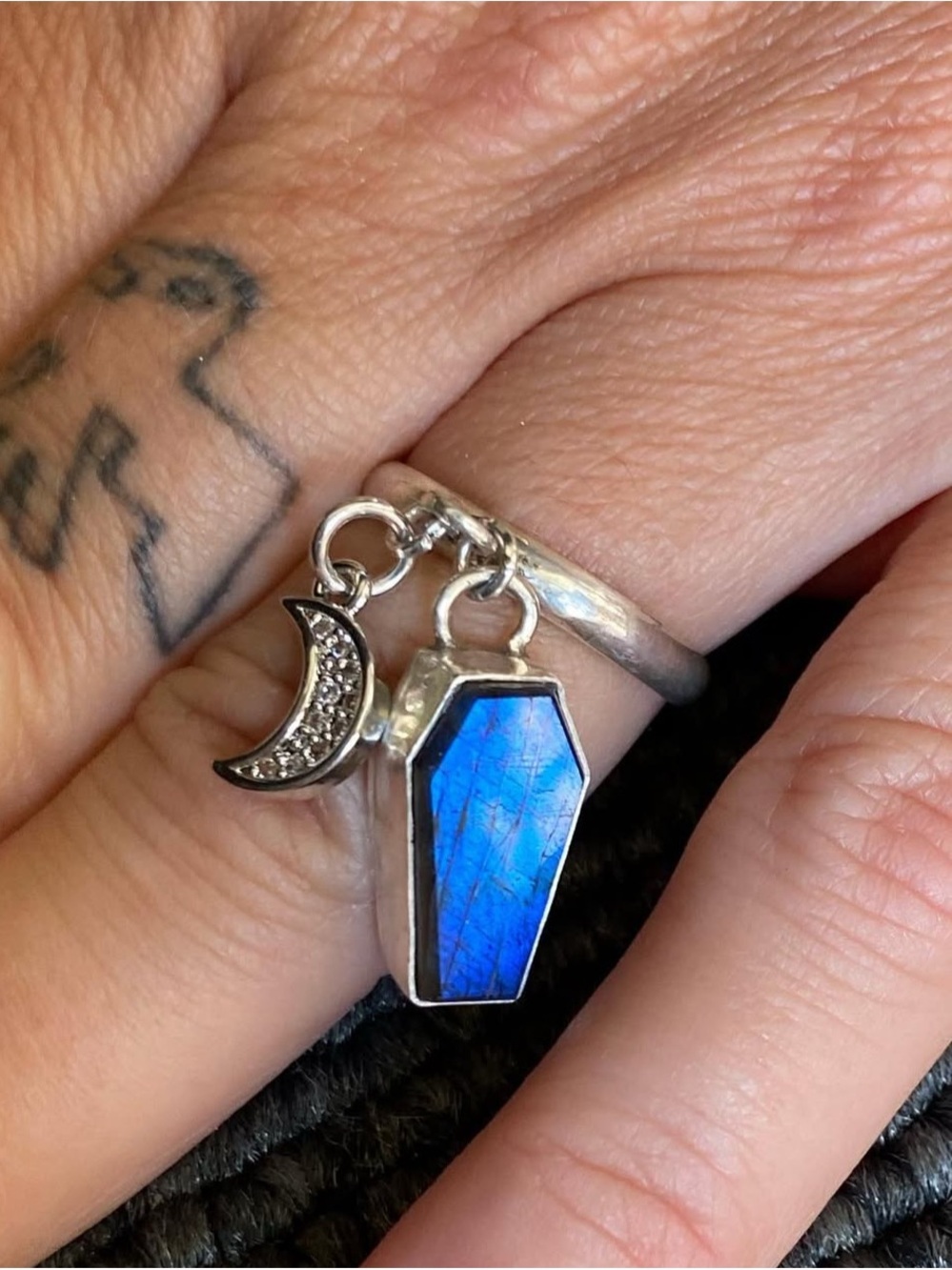 Labradorite charm ring Coffin & Crescent sterling size 6.5